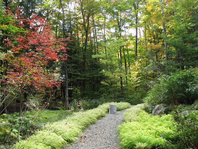Paysagiste aménagement Sherbrooke Jardin de verdure chemin petit galet érable rouge