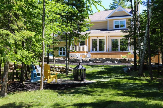 Paysagiste aménagement Sherbrooke Coin détente coin feu foret chalet