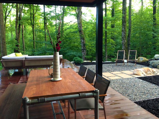 Paysagiste aménagement Sherbrooke Coin détente jardin contemporain espace repas boisé